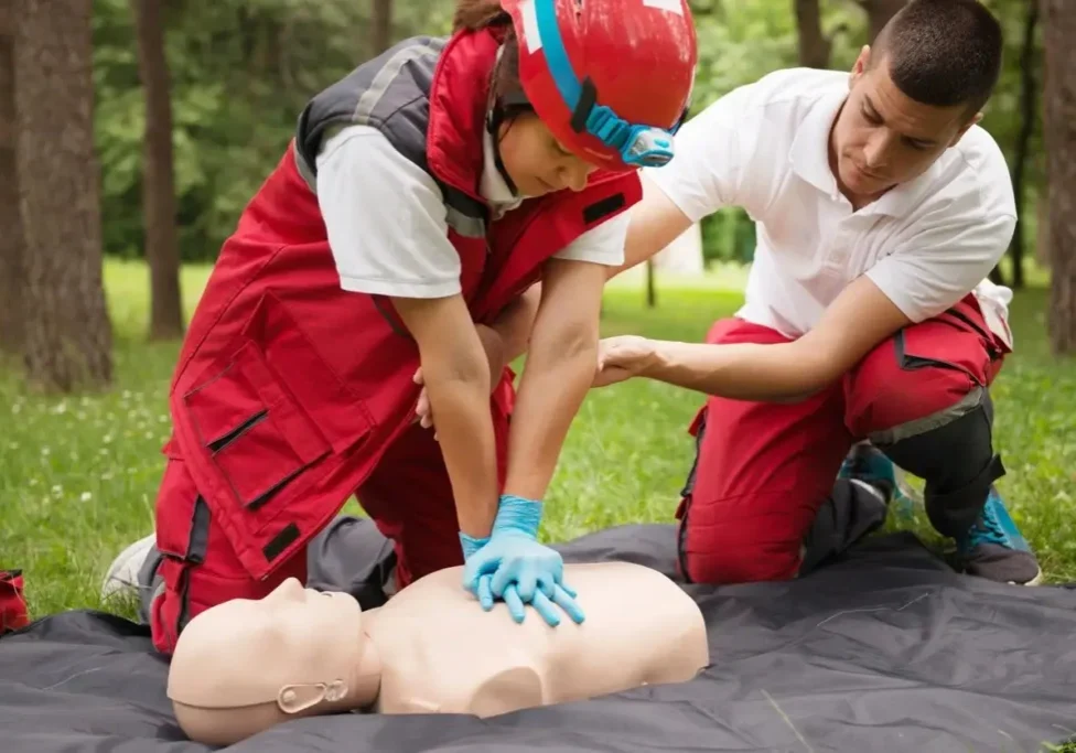 Two people practicing cpr on a dummy.